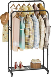 Portable Clothes Rail Black Metal Storage Rack with Wheels, Double Shelf Design