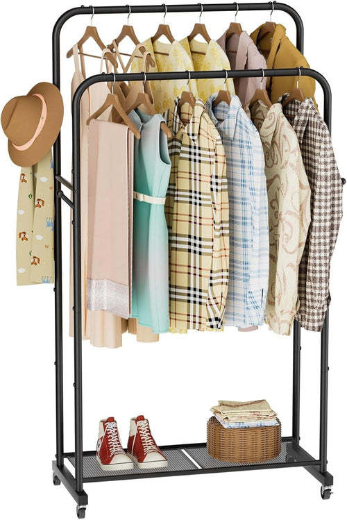 Portable Clothes Rail Black Metal Storage Rack with Wheels, Double Shelf Design