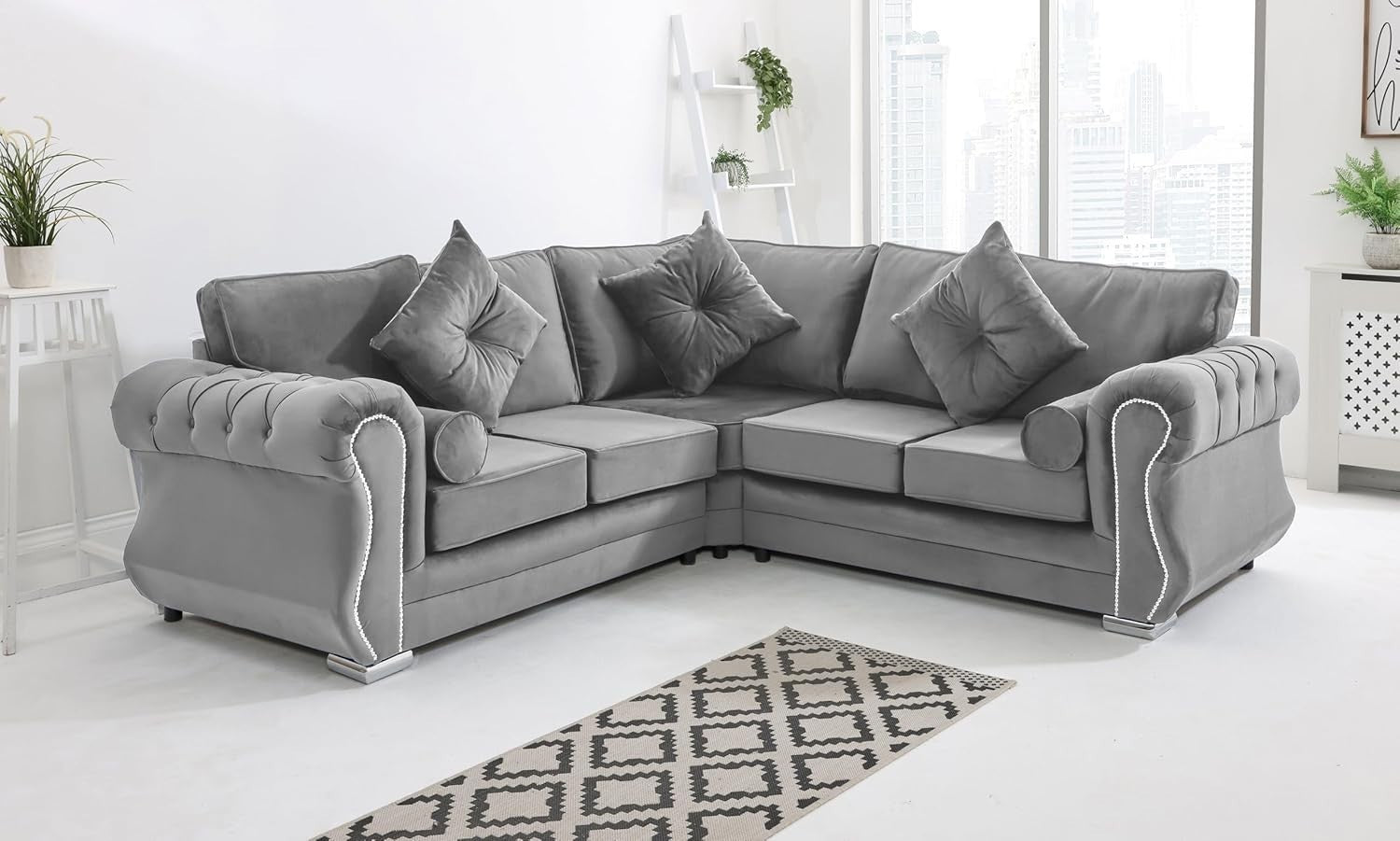 Silver Velvet Corner Sofa 5 Seater Plush Fabric, Foam Cushions, Chrome Legs