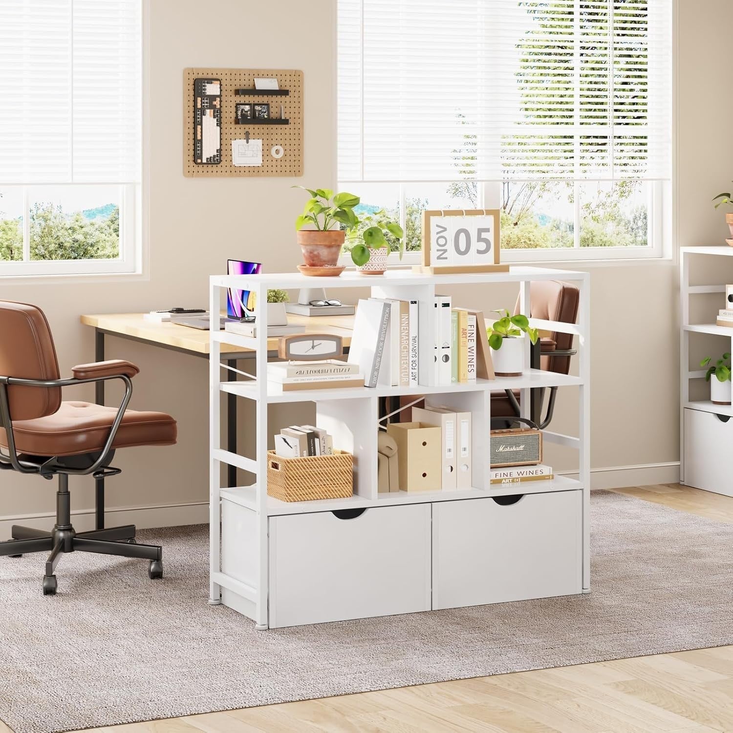 4 Tier White Bookcase with 2 Drawers Modern Storage Shelf for Living Room White