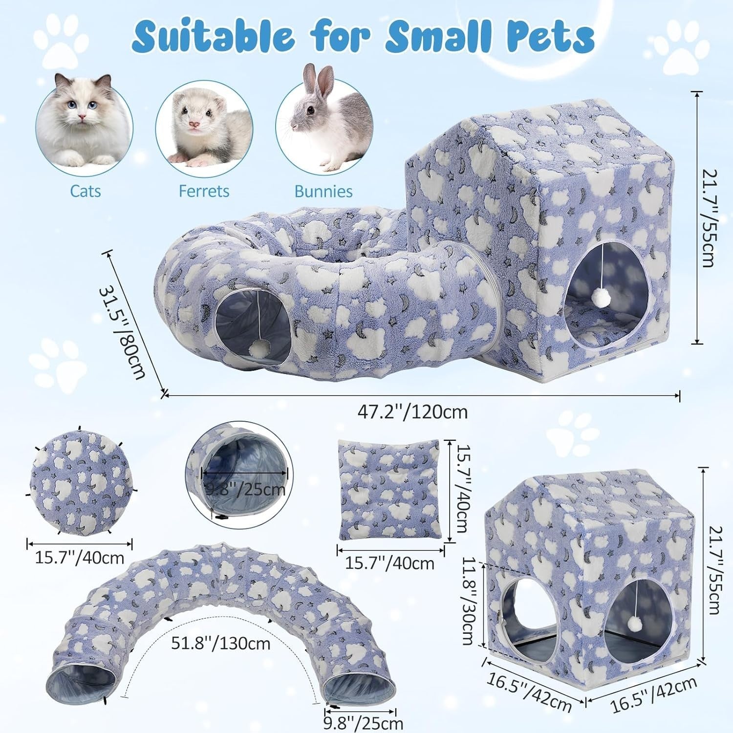 Cat Tunnel Bed Donut Play Tunnel w House Peekaboo Cave Washable Blue