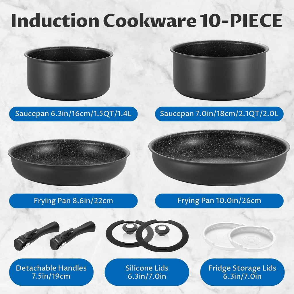 10pcs Induction Cookware Set Non-Stick Pans & Pots with Detachable Handles