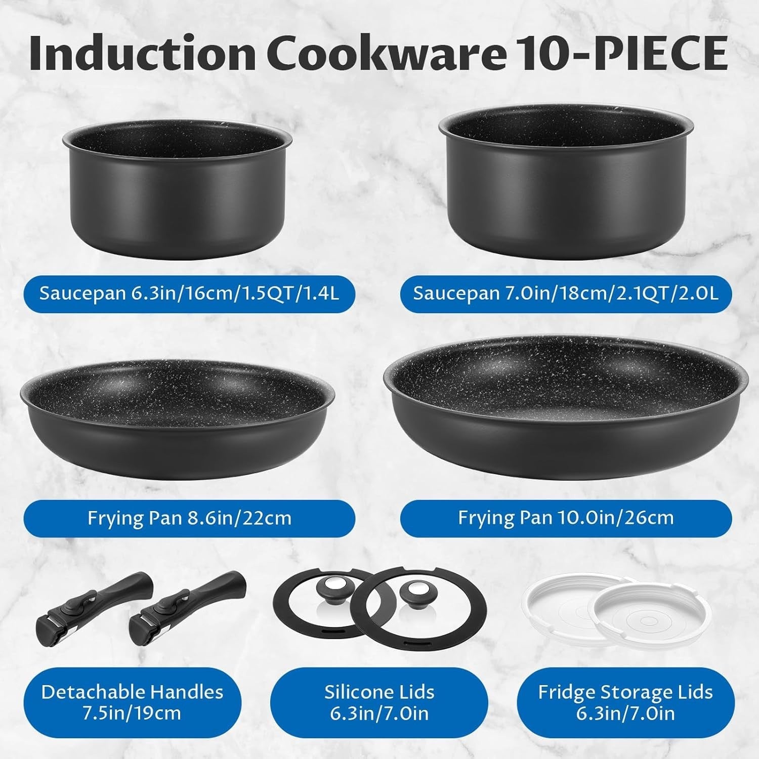 10pcs Induction Cookware Set Non-Stick Pans & Pots with Detachable Handles