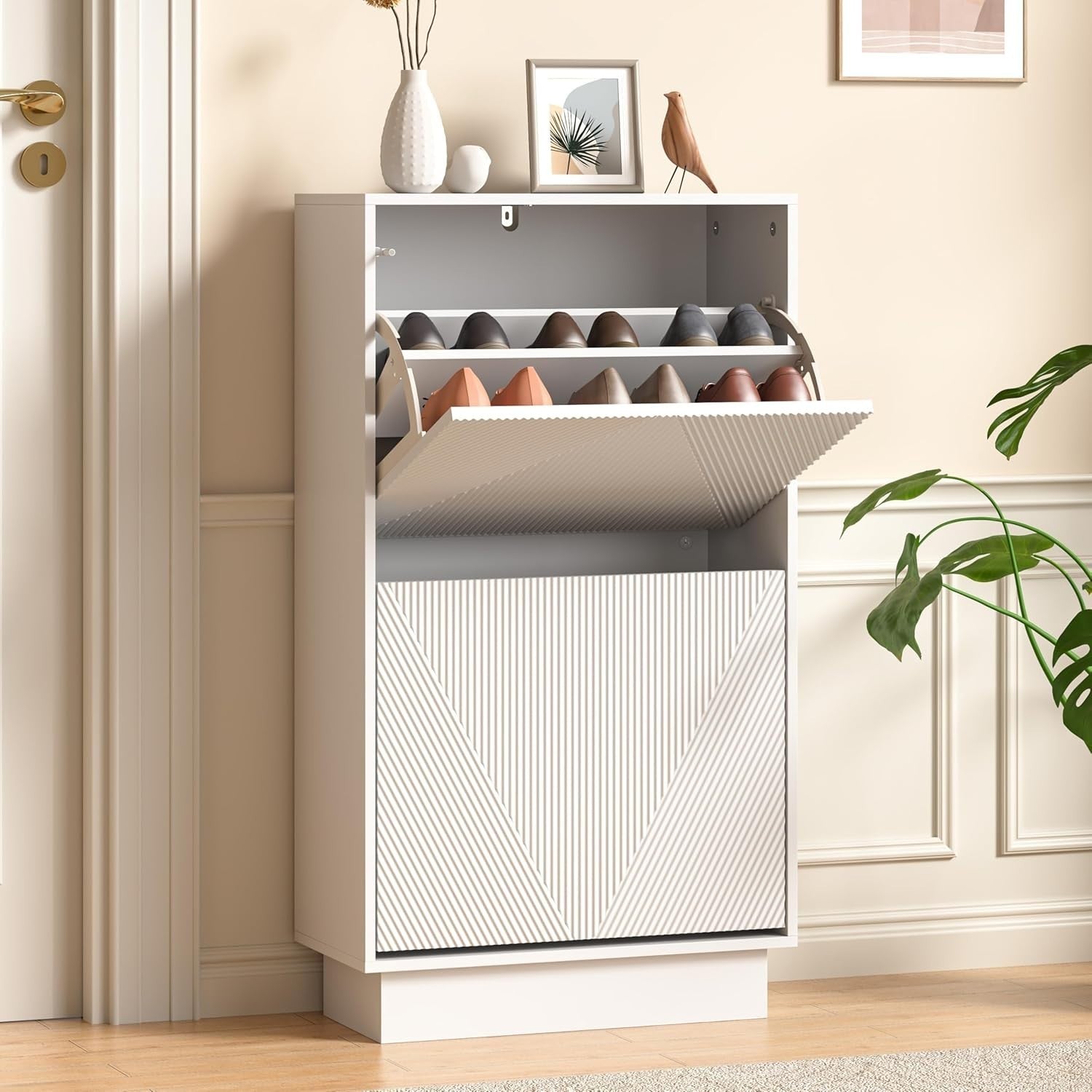 White Slim Shoe Cabinet Storage | 2 Flip Drawers, Anti-Tip, 91cm Narrow