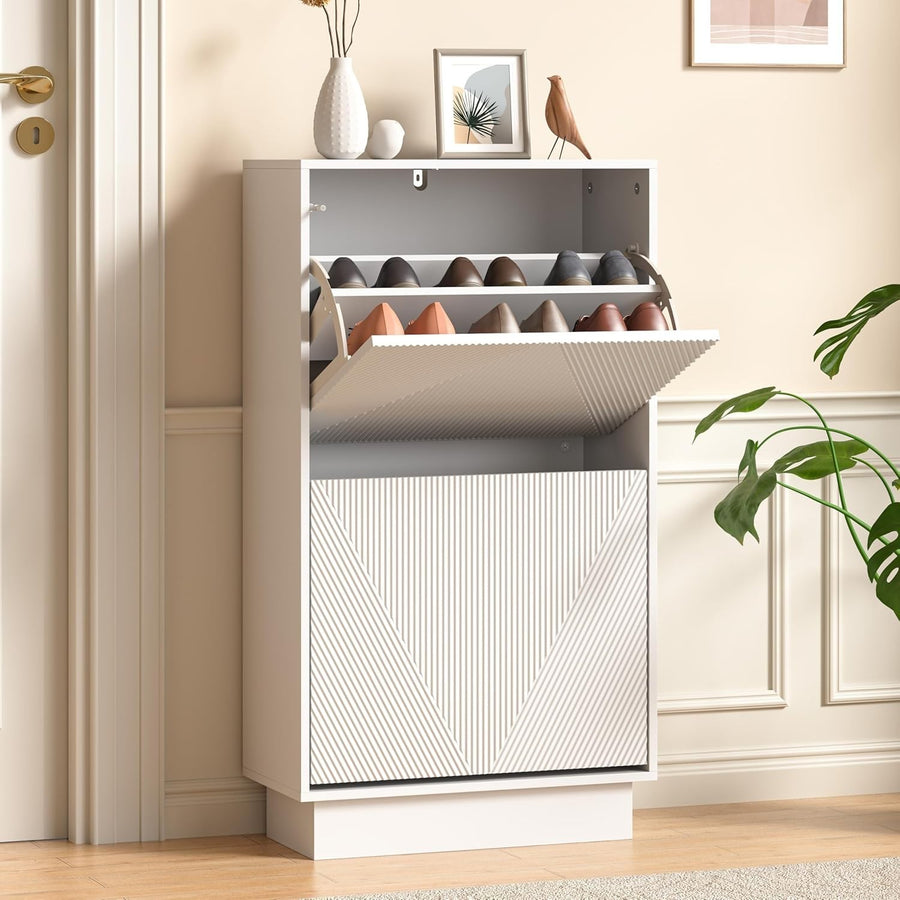White Slim Shoe Cabinet Storage | 2 Flip Drawers, Anti-Tip, 91cm Narrow