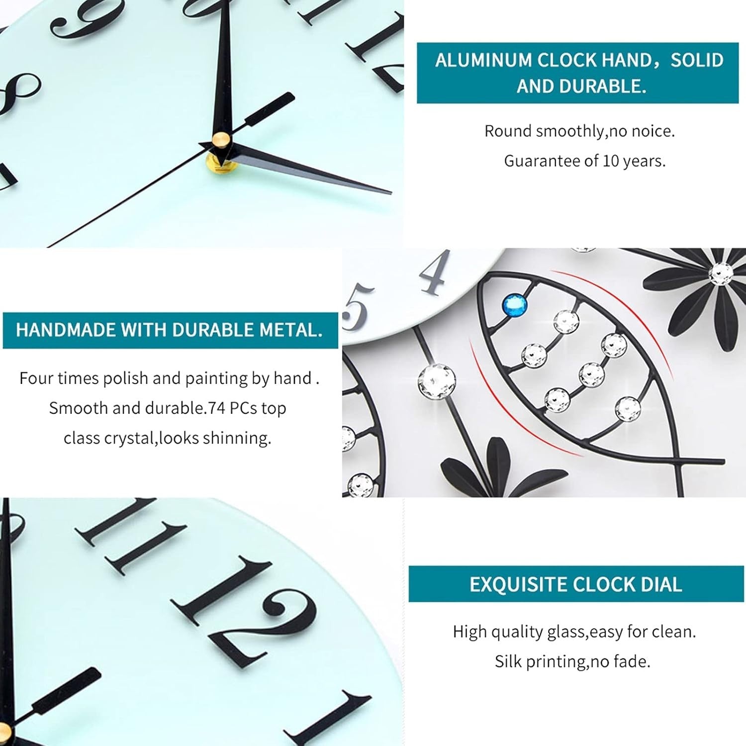 Oversized Silent Wall Clock 22" Modern Glass Crystal Pendulum Decor