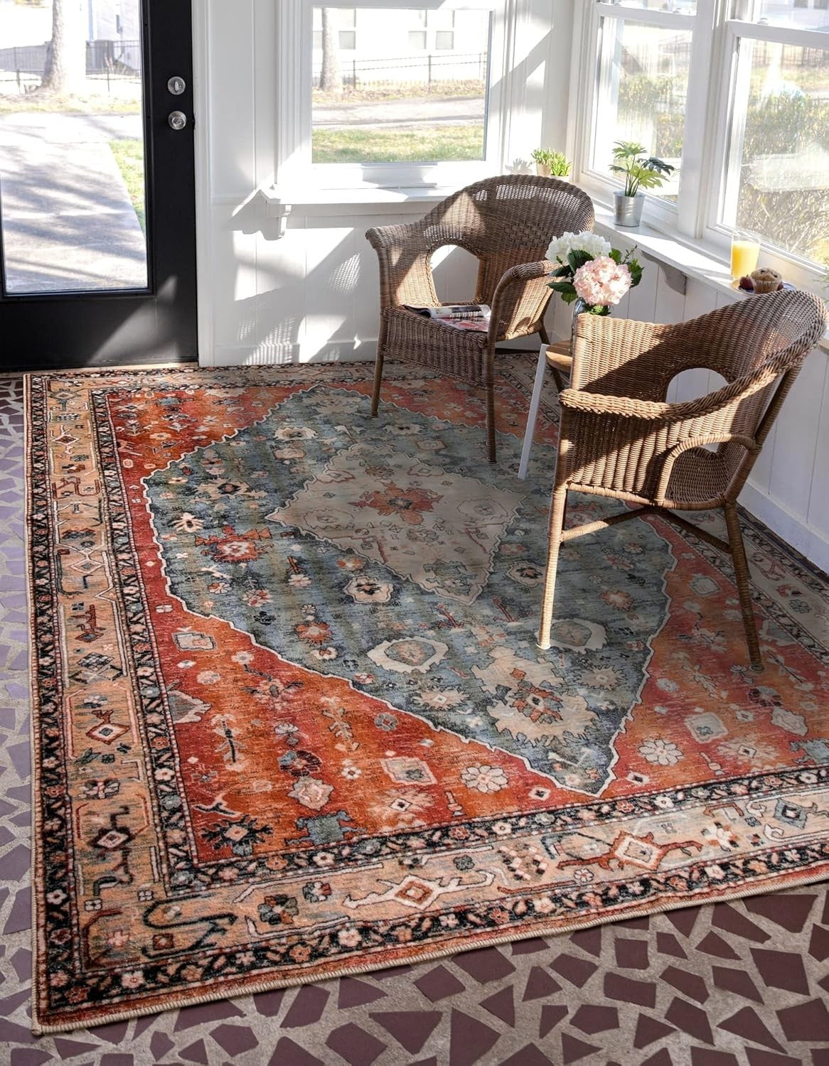 Vintage Boho Area Rug 150x210cm Washable Non Slip Short Pile Living Room