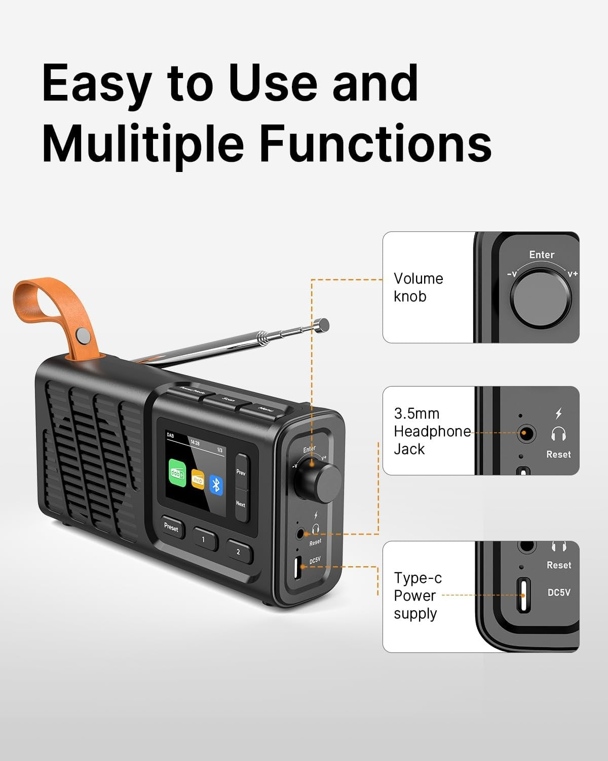 Portable DAB Radio Bluetooth USB Rechargeable FM Digital Radio Alarm