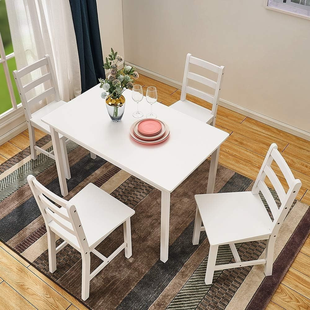 Solid Pine Dining Table Set 4 Chairs White | Durable Kitchen Furniture
