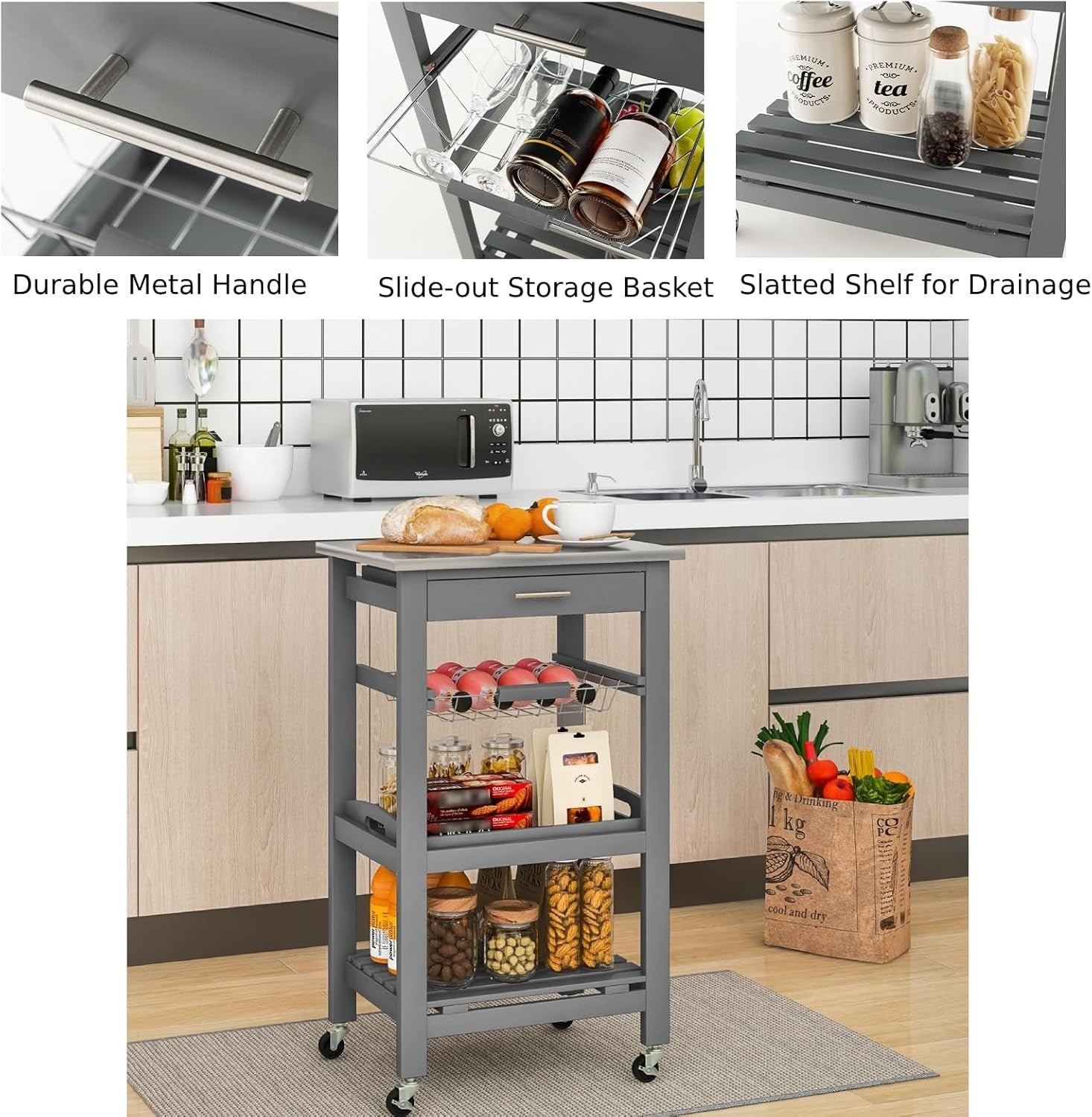 4 Tier Kitchen Trolley Stainless Steel Top Cart Grey