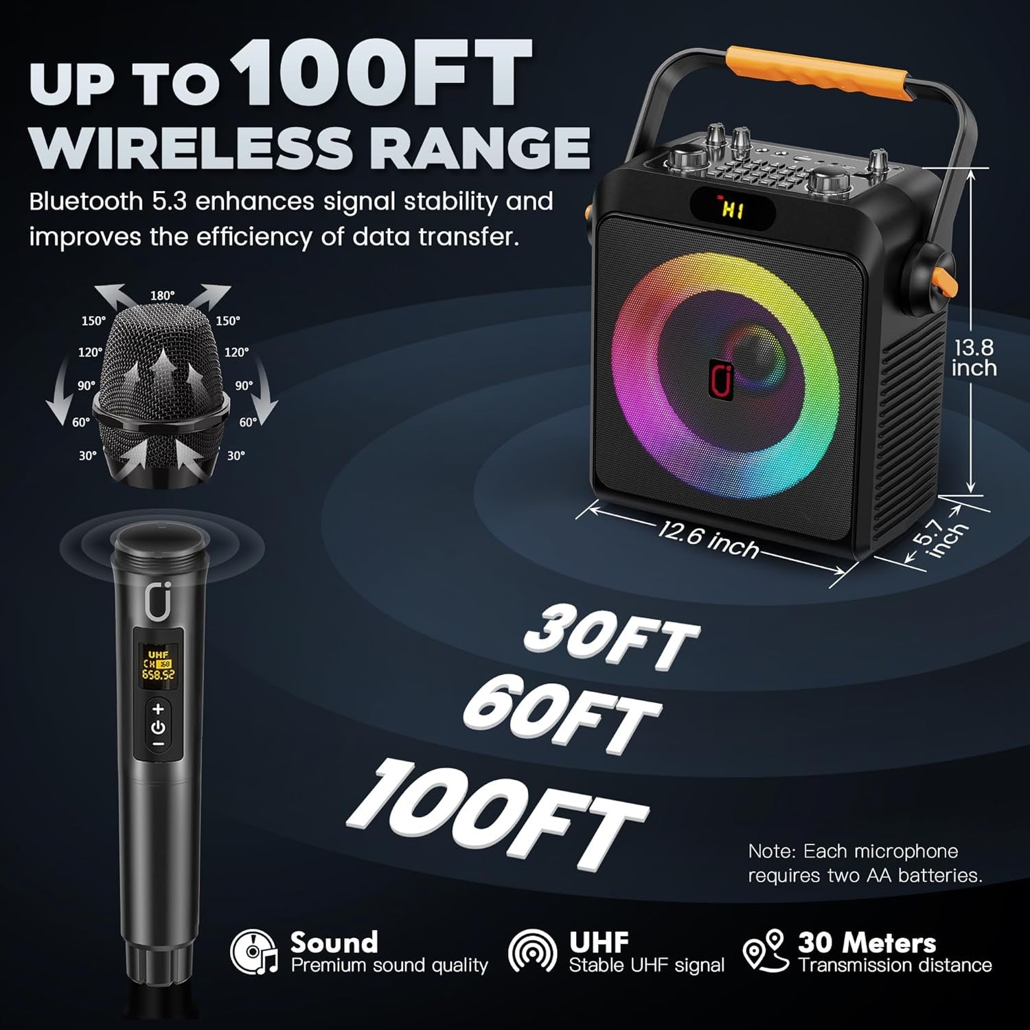 Karaoke Machine 2 Wireless Mics Bluetooth Speaker Bass Boost LED