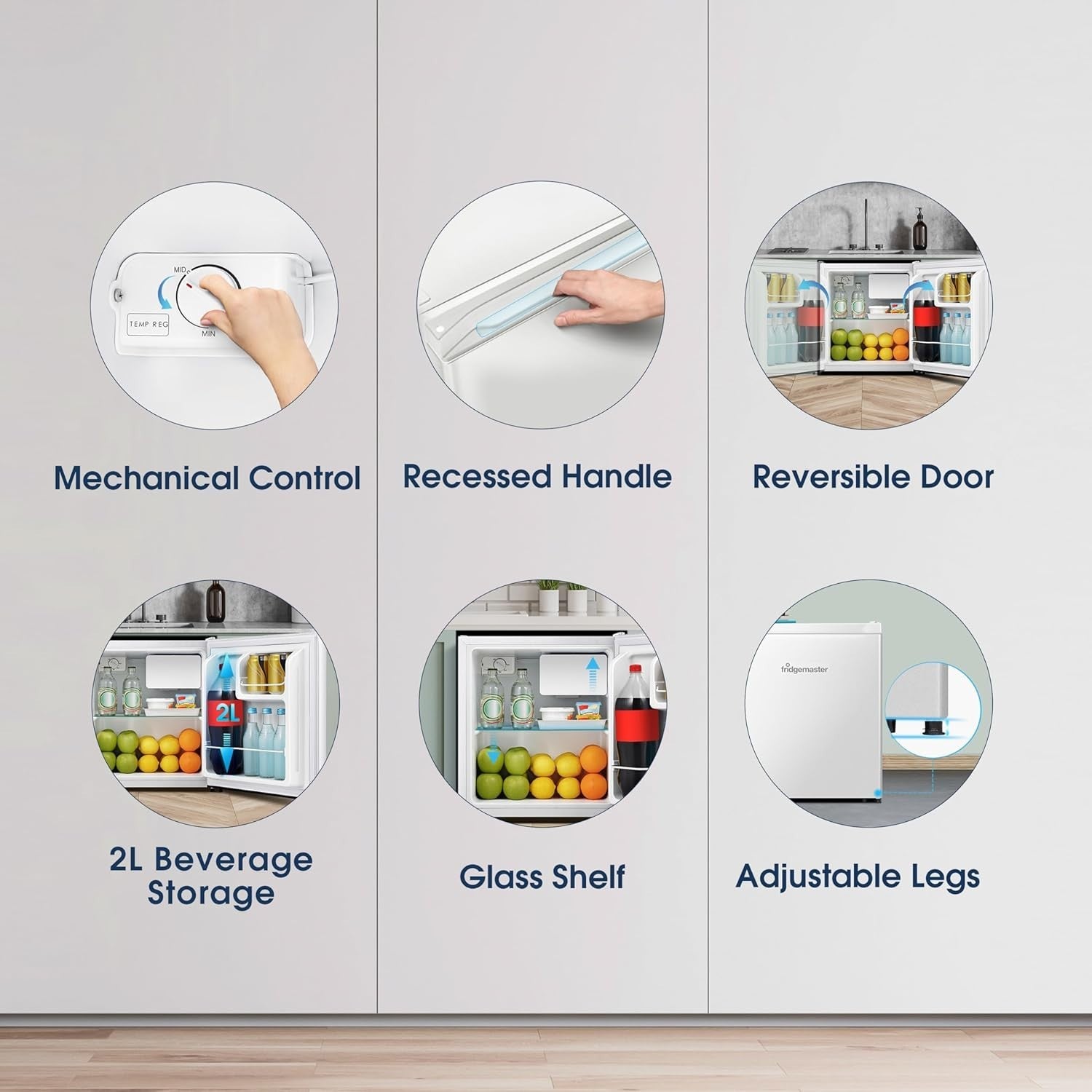 Mini Fridge 45L Compact Table Top Adjustable Thermostat Reversible White