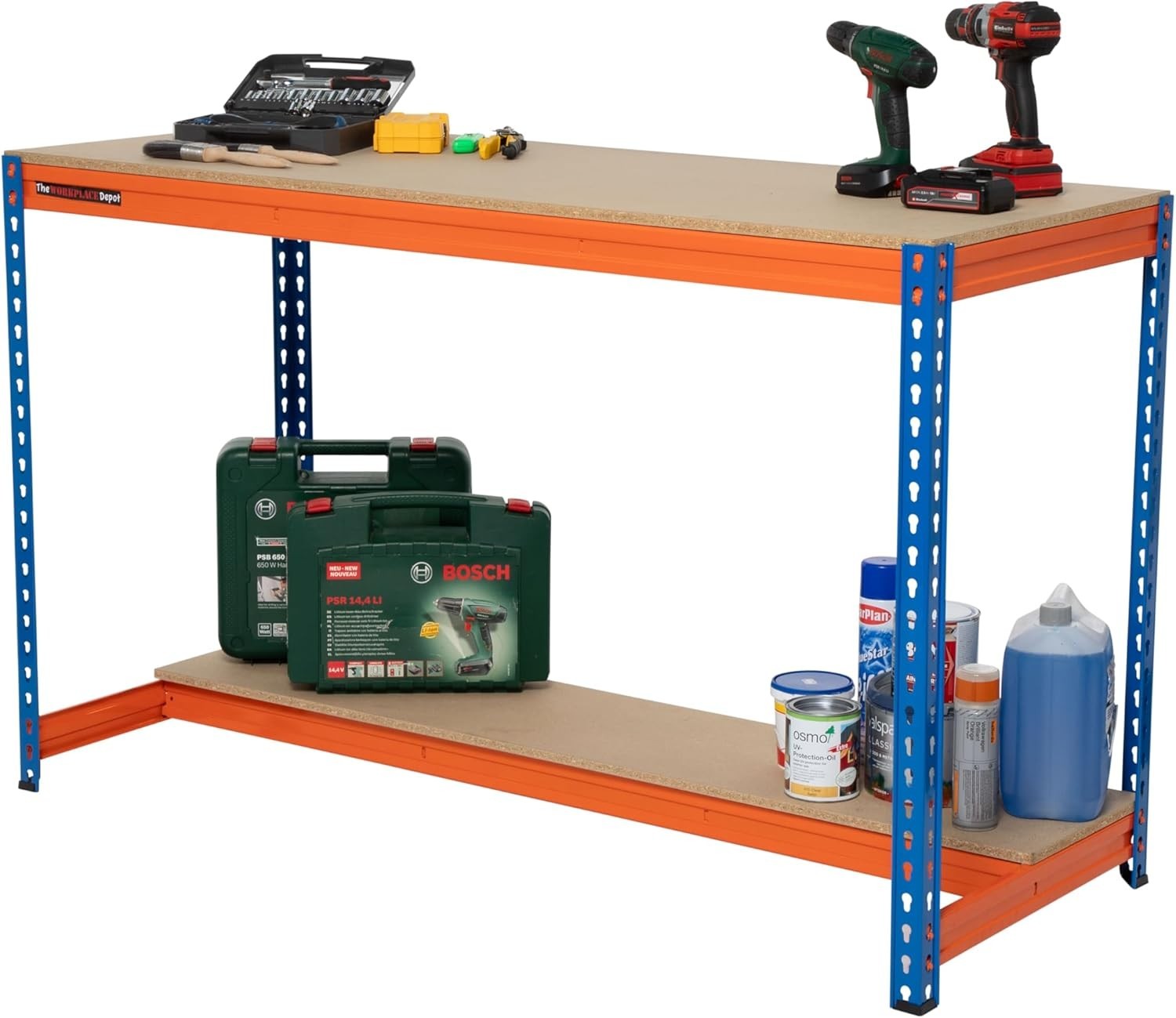 Heavy Duty Workbench 500kg Steel 2 Tier Garage Station with Chipboard Shelves
