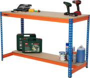 Heavy Duty Workbench 500kg Steel 2 Tier Garage Station with Chipboard Shelves