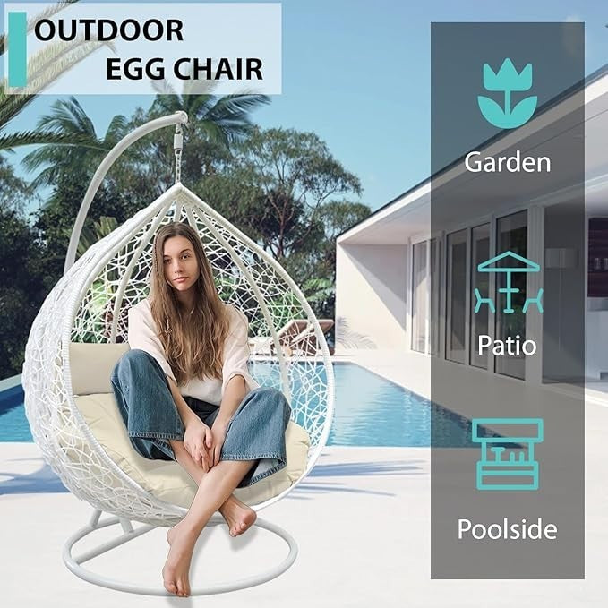 Outdoor Hanging Egg Chair with Cushion – Rattan Swing Seat, 150KG Capacity