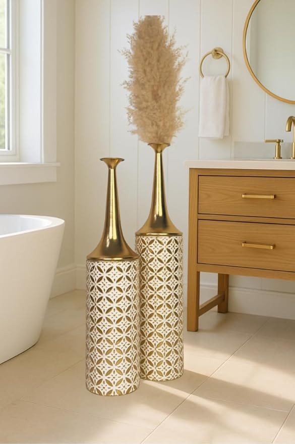 Tall Floor Vases Set of 2 Gold White Metal Home Decor 66/59cm