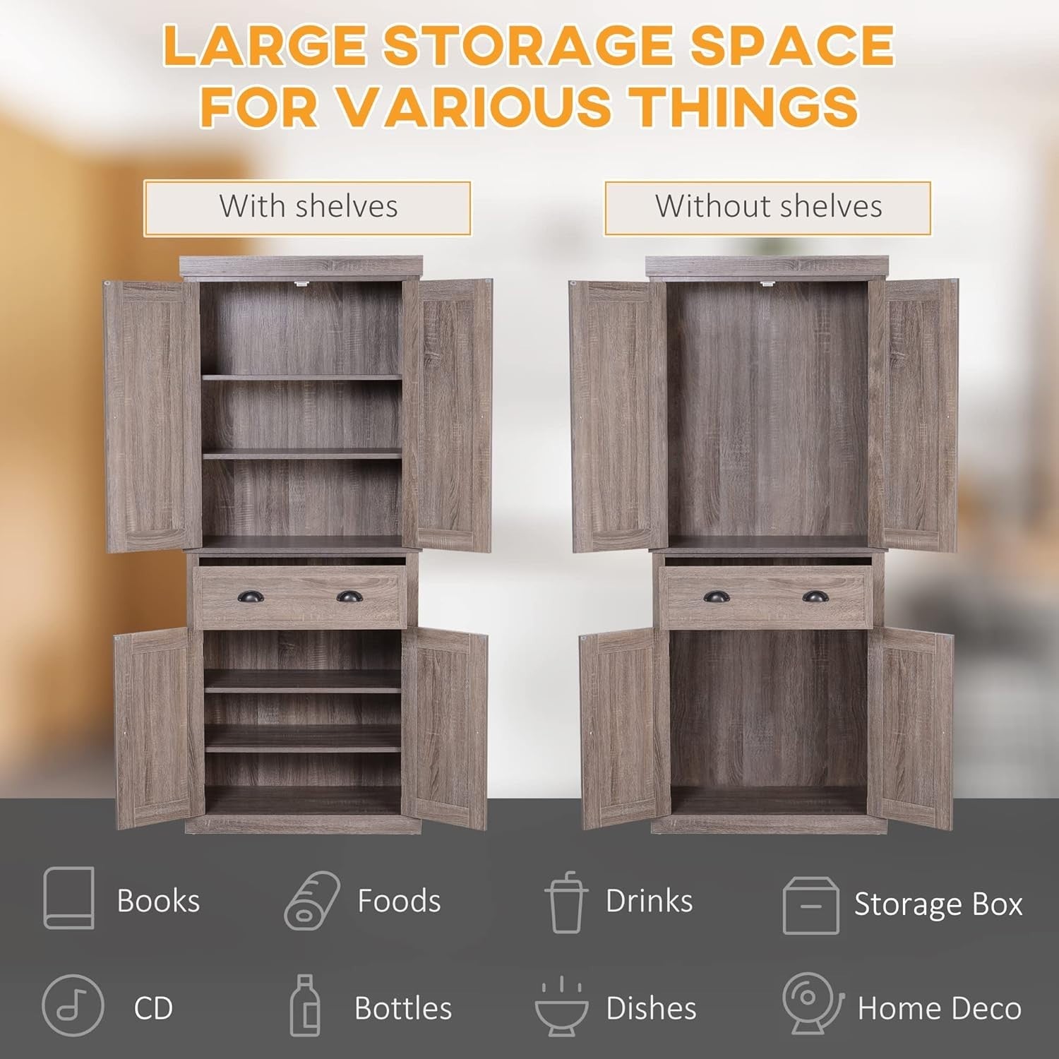 Dark Wood Tall Kitchen Cupboard 184cm Pantry Storage Cabinet Shelves
