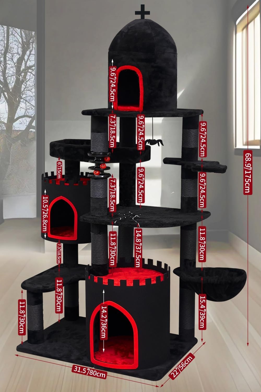 Gothic Cat Tree Castle 69in Tall Cat Tower Large Condo Coffin Bed Scratching