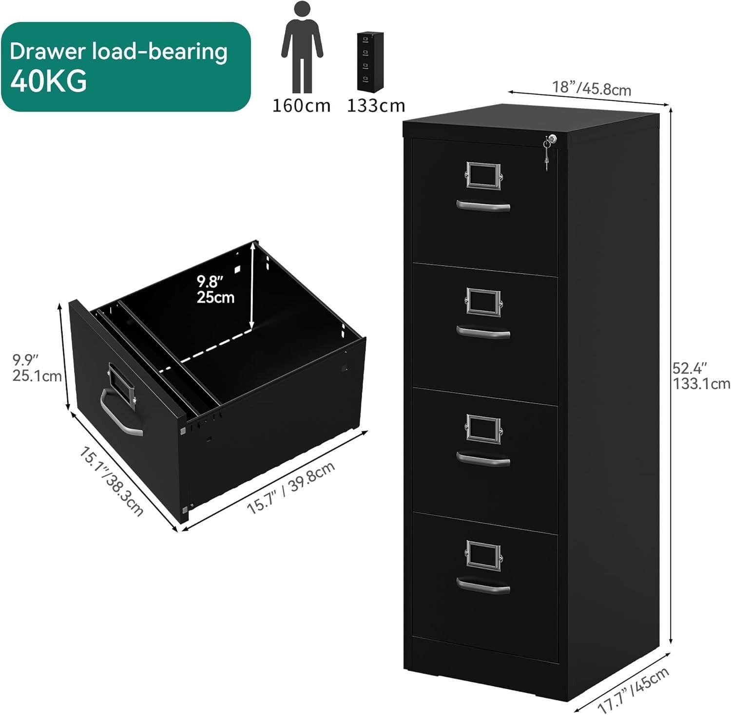 Black 4 Drawer Locking Filing Cabinet Steel A4 Legal Vertical Storage Safe