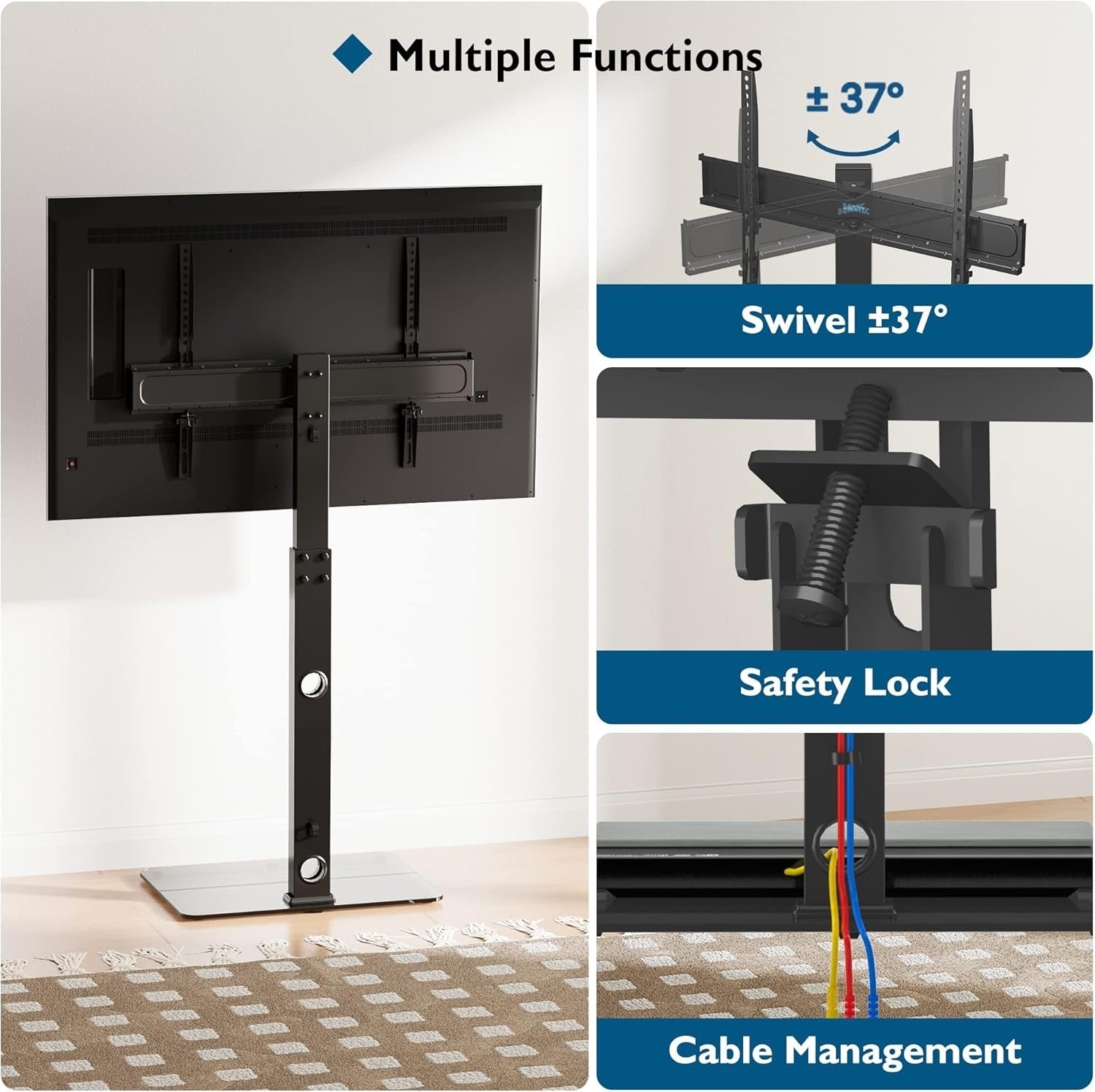 Adjustable Swivel TV Floor Stand 30-70" TVs, Tempered Glass Shelf, 40kg