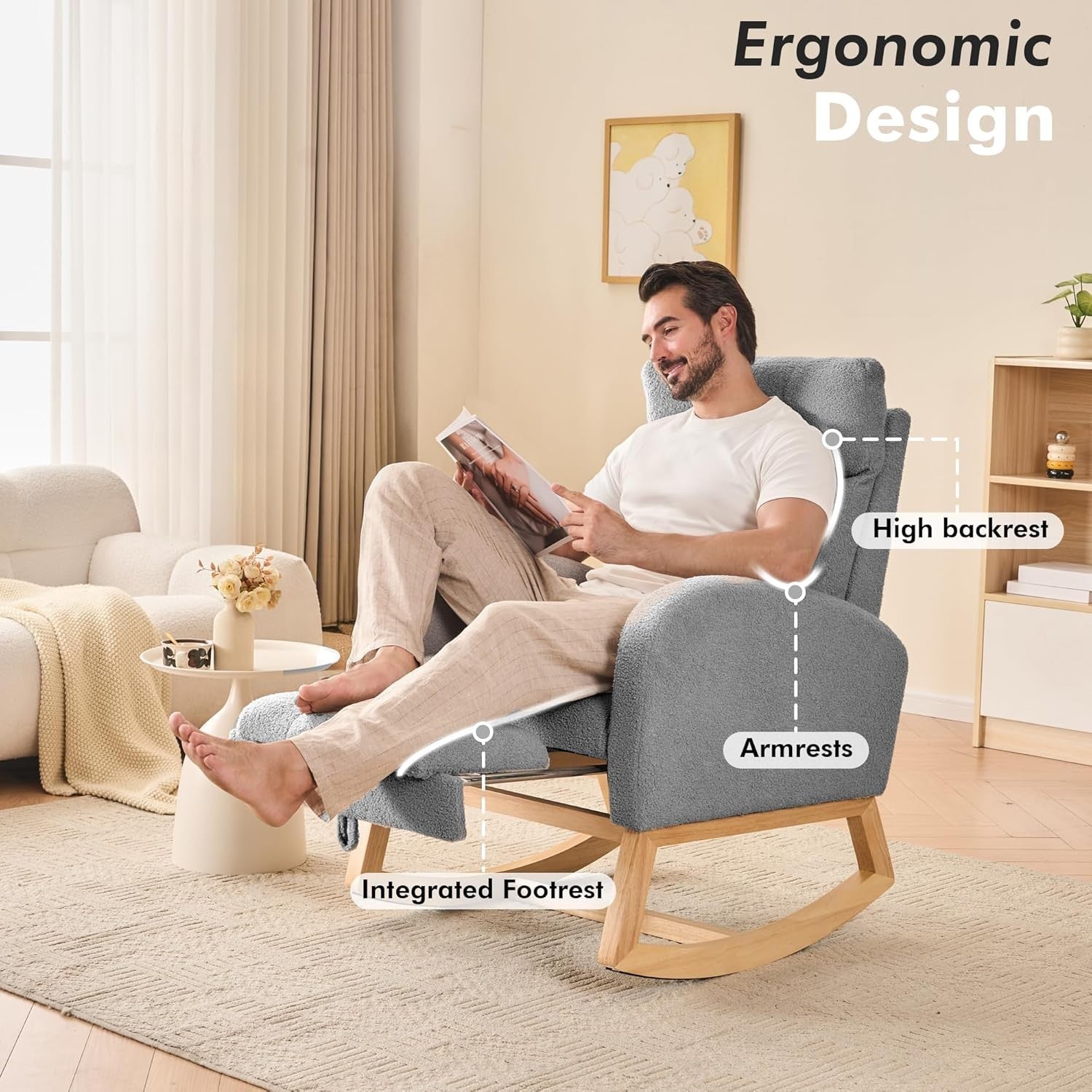 Rocking Chair w/ Footrest & Side Pocket, Comfy Teddy Fabric, Ergonomic Seat