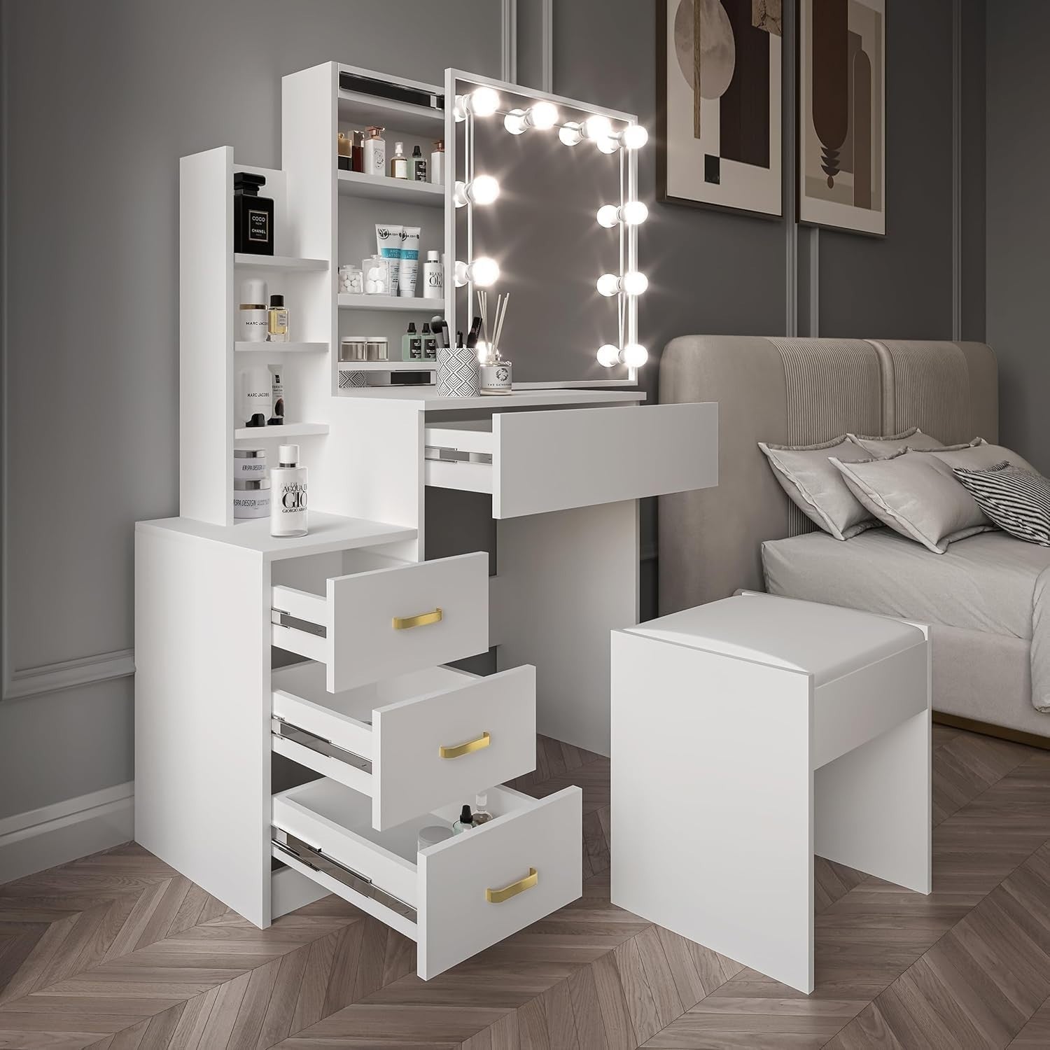 Vanity Table Set with Sliding Mirror, 4 Drawers, LED Light, Makeup Desk
