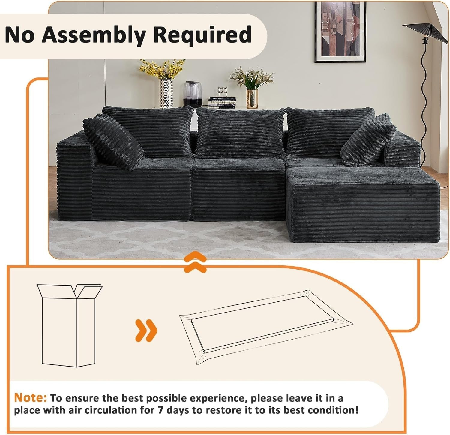 Modular 3/4 Seater Sofa Grey Corner Couch No Assembly, Memory Foam, 274cm