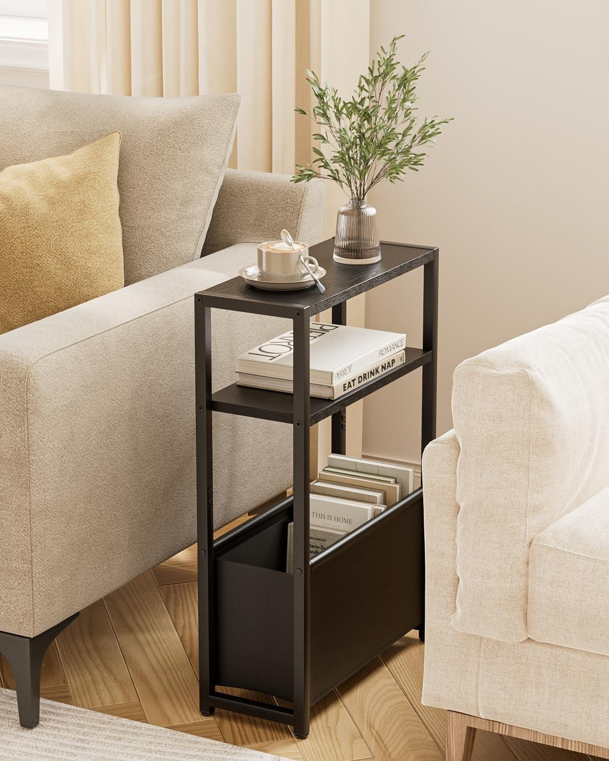 Slim Black Side Table with Storage, Space-Saving Design for Small Spaces