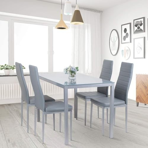 Modern 4-Seater Grey Glass Dining Table with Faux Leather Chairs