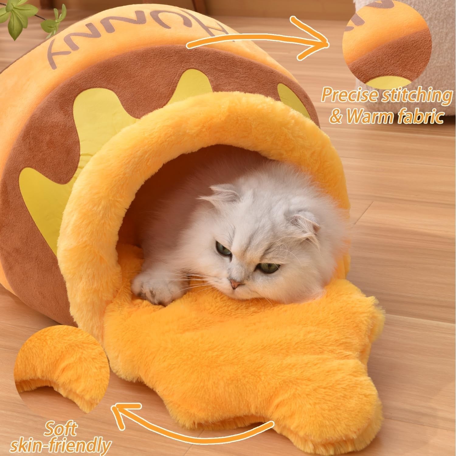 Honey Pot Cat Cave Bed Soft Plush Pet Nest w Washable Cushion