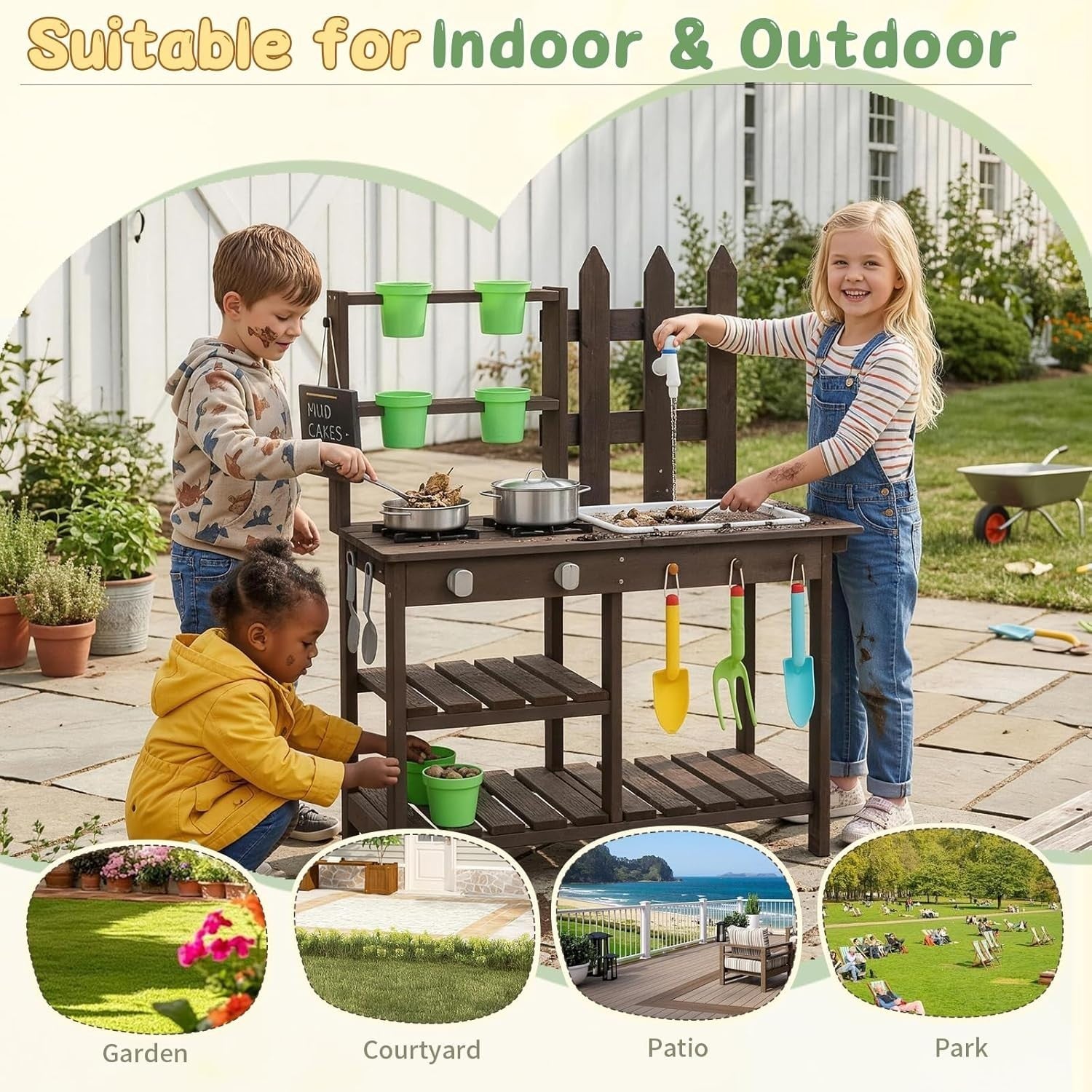 Outdoor Wooden Mud Kitchen Kids Garden Playset Sink Pots Toy