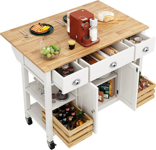 QQU Modern Kitchen Island on Wheels, Kitchen Trolley Storage Islands & Carts wit