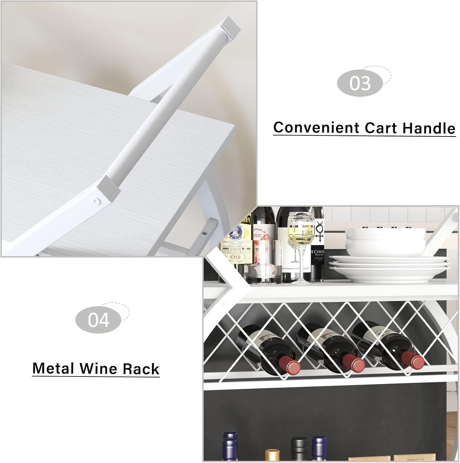 Rolling Bar Cart Drinks Trolley on Wheels Wine Rack Lockable Modern White