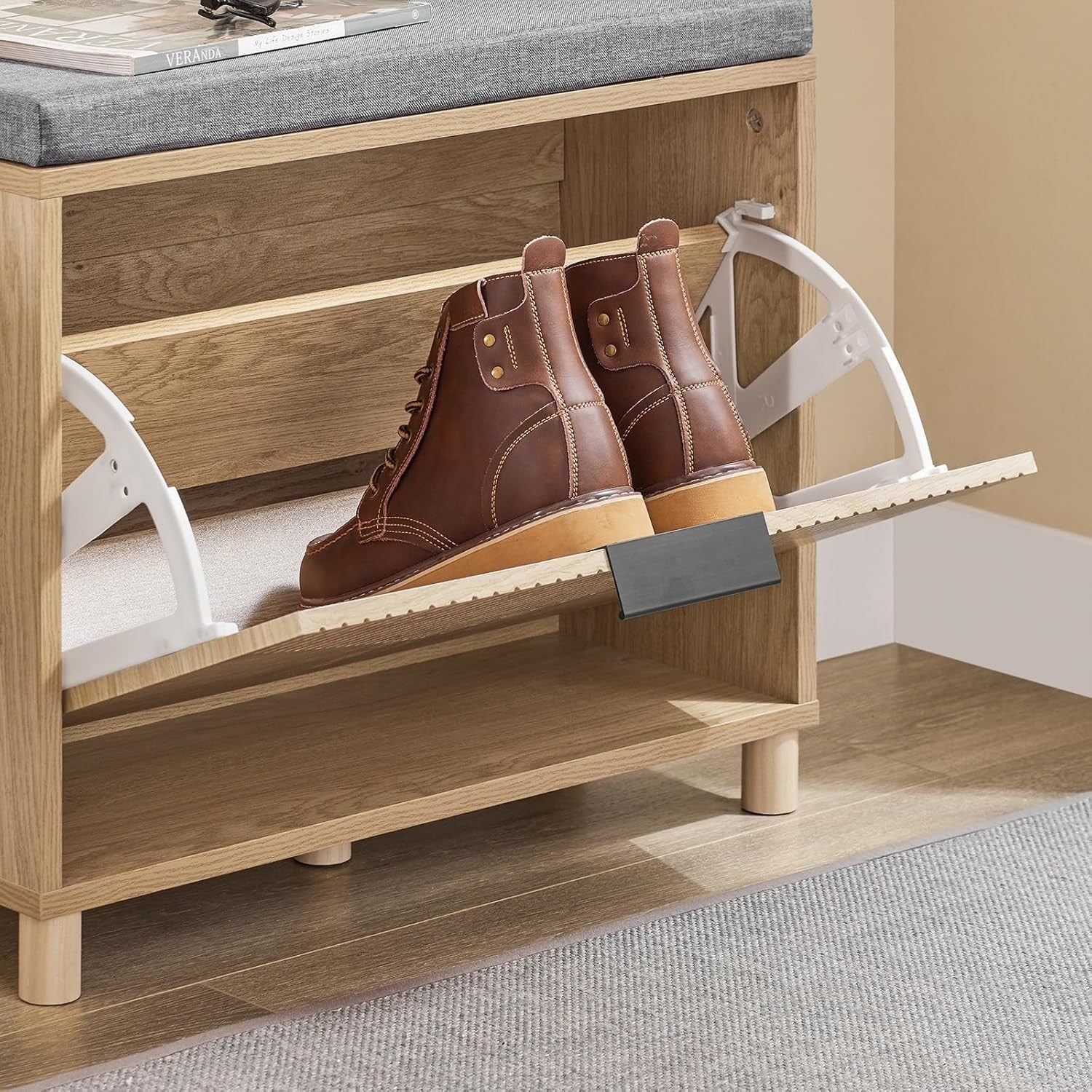 Shoe Storage Bench Seat with Flip Drawer & Cushion | Light Wood 60x24x50cm