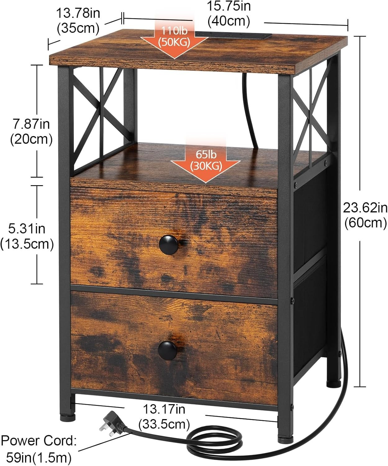 Set of 2 Brown Bedside Tables with USB Ports & Fabric Drawers