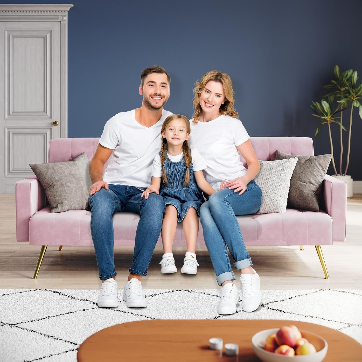 Pink  Velvet Sofa Bed 3 Seater Click Clack Couch for Lounge Home Office
