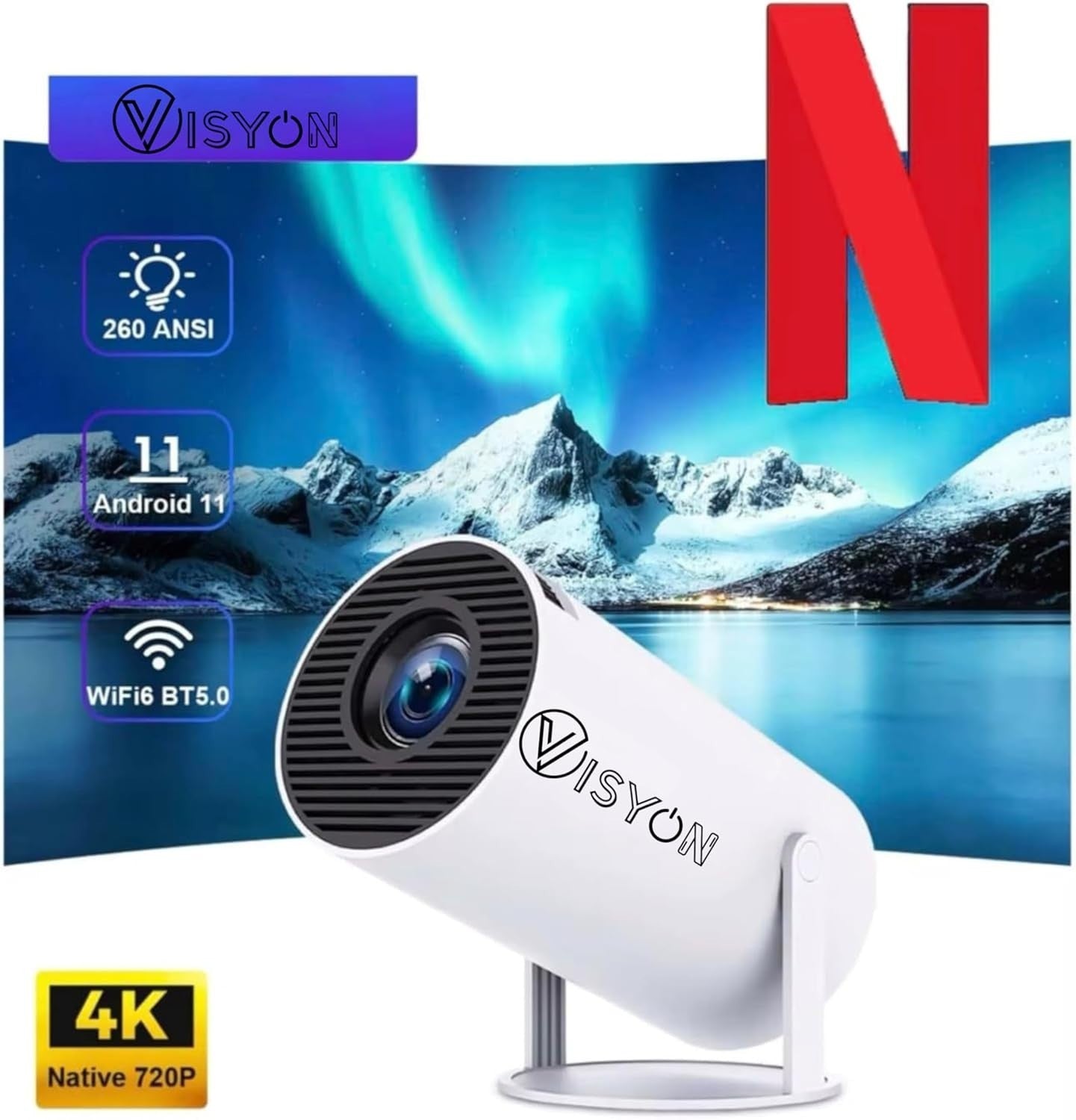 1080P WiFi Android Smart Projector 12000 Lumens 4K Support Portable
