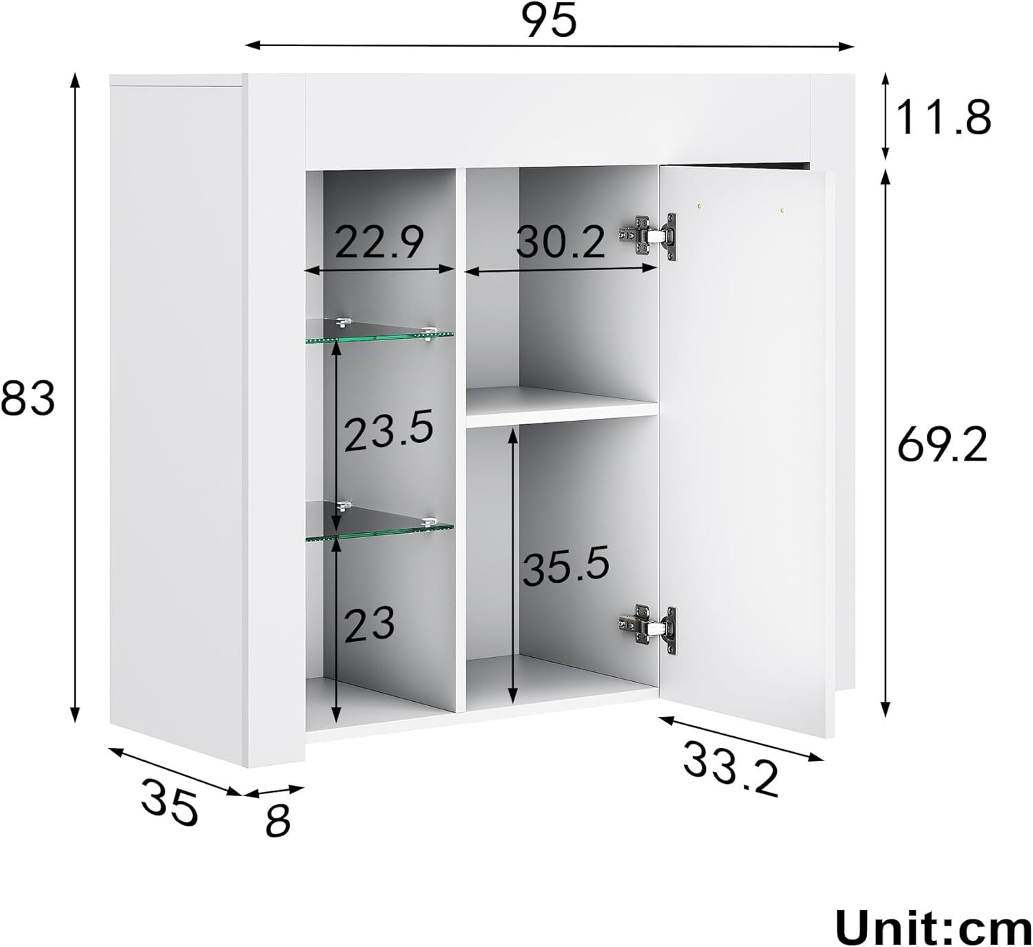 High Gloss LED Sideboard Display Cabinet with Glass Shelves White 83cm