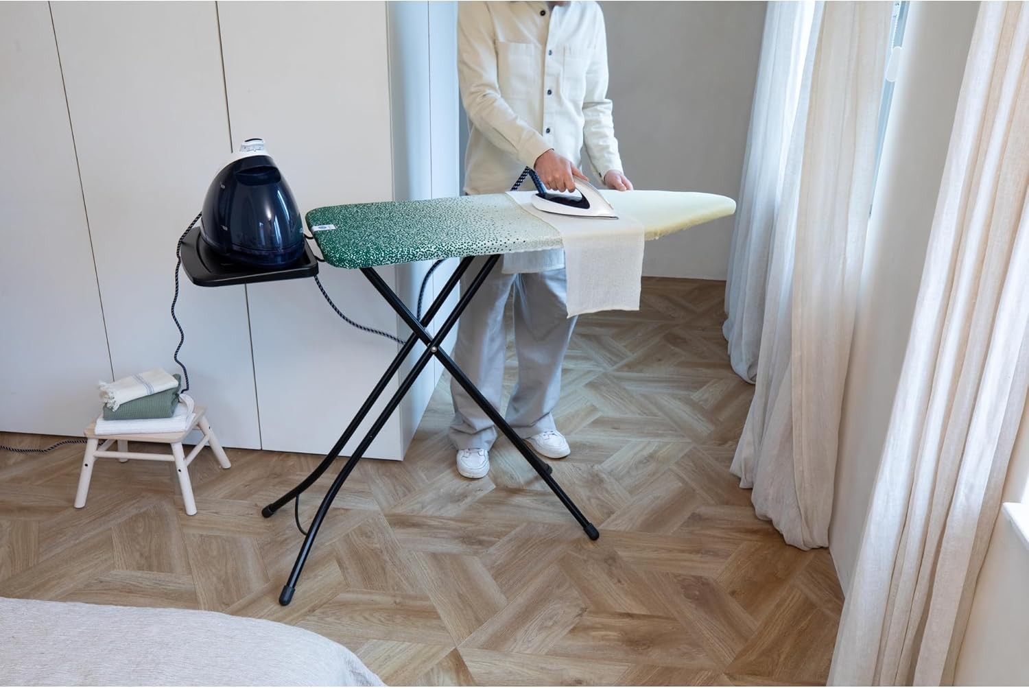 Extra Large Ironing Board 124x45cm Steam Unit Holder Adjustable Height