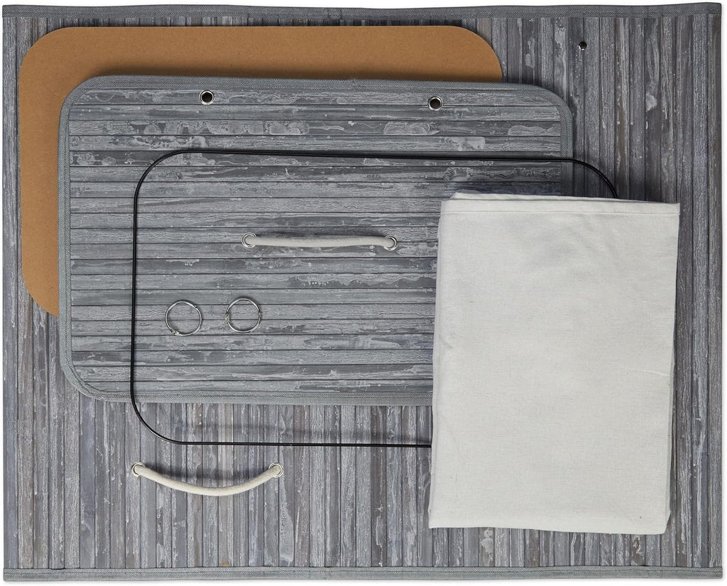 100L Bamboo Laundry Hamper with Lid 2 Compartment Foldable Basket Grey