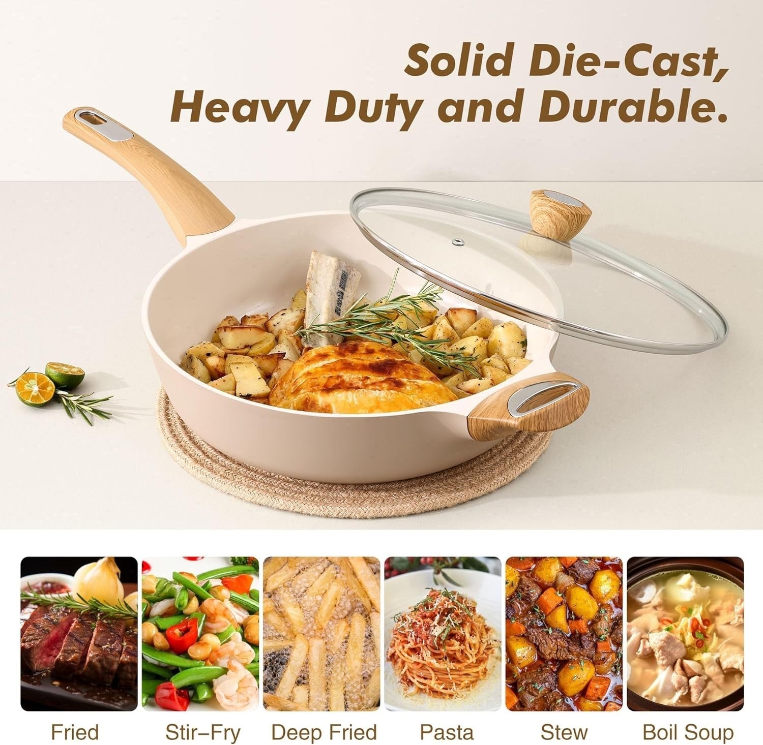 30cm Beige Deep Non Stick Saute Pan with Lid, 4.7L Skillet Induction Compatible