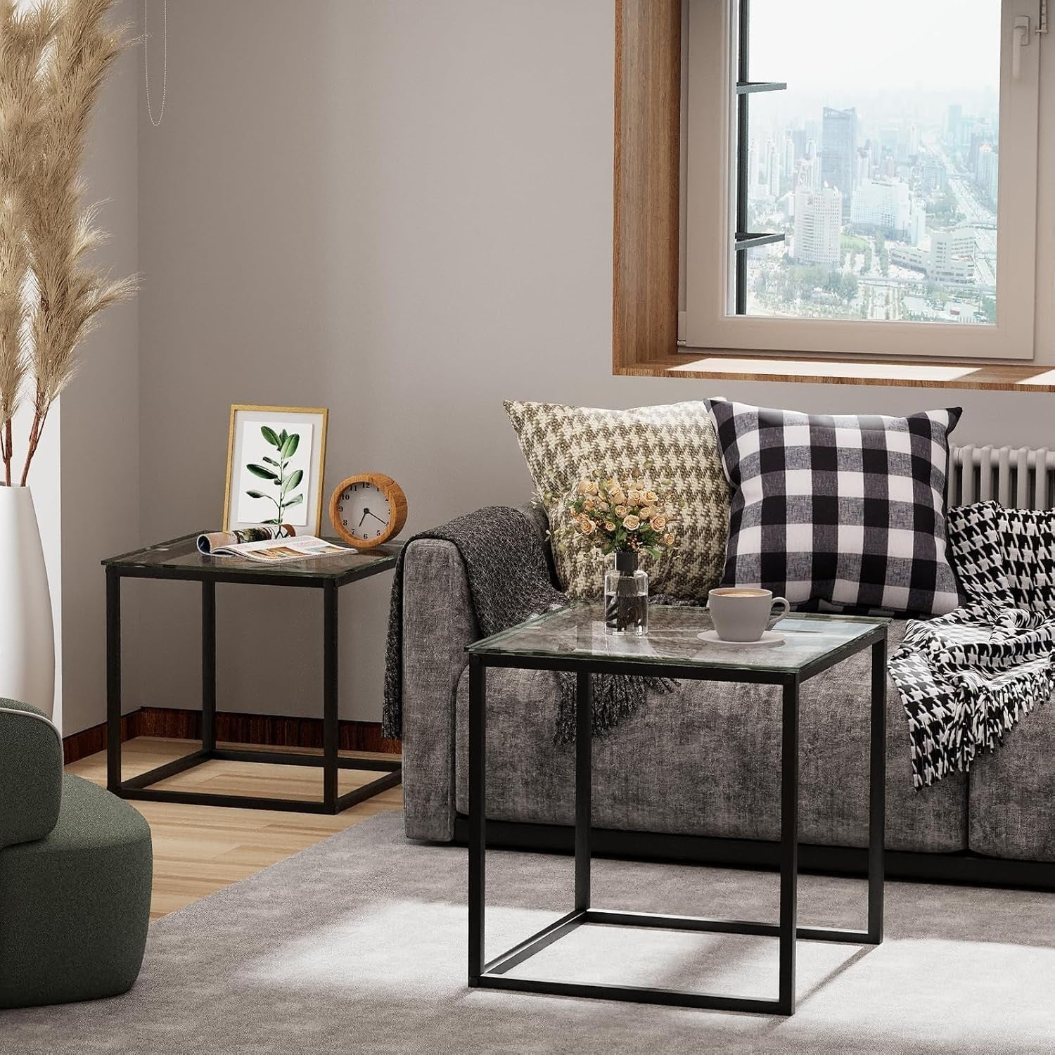 Modern Nesting Coffee Table Set Black Glass End Tables Metal Frame Square
