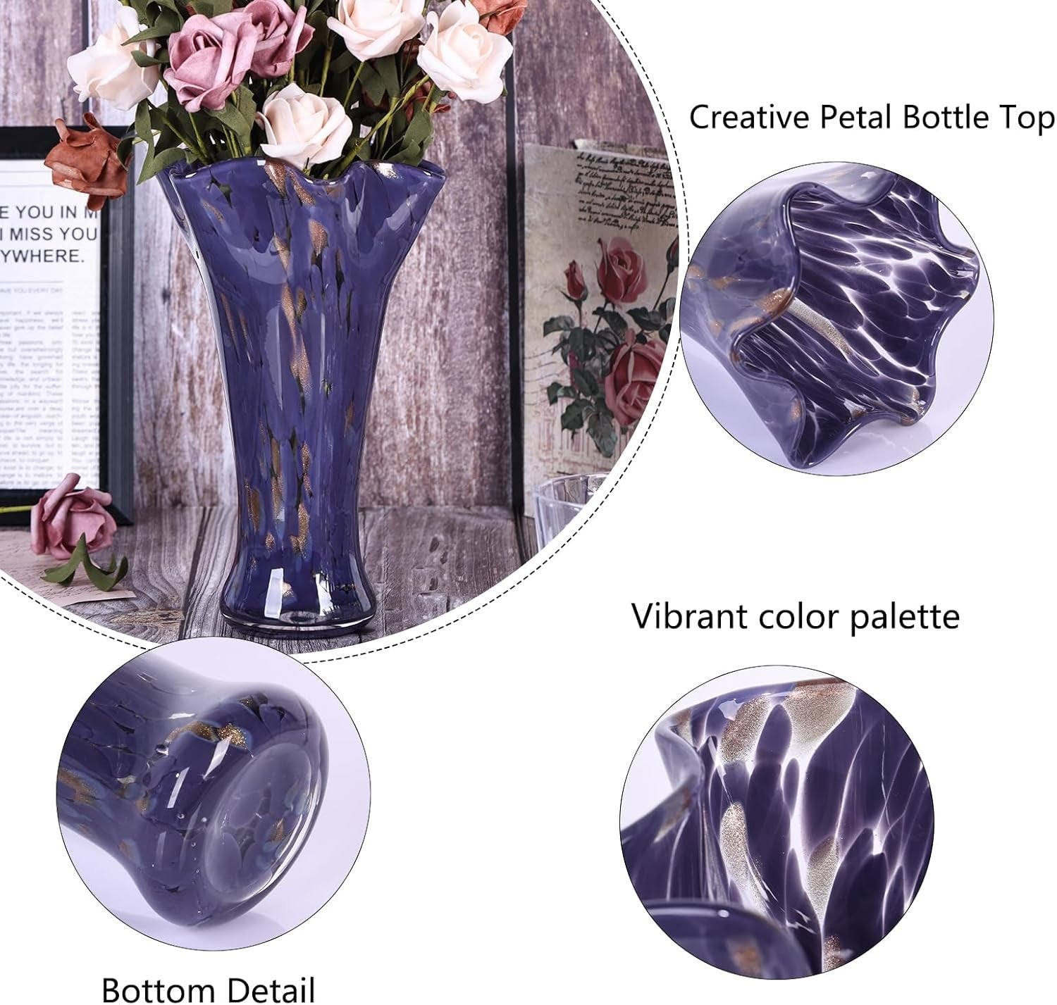 Purple Hand Blown Glass Vase Wide Mouth Flower Centerpiece Home Décor