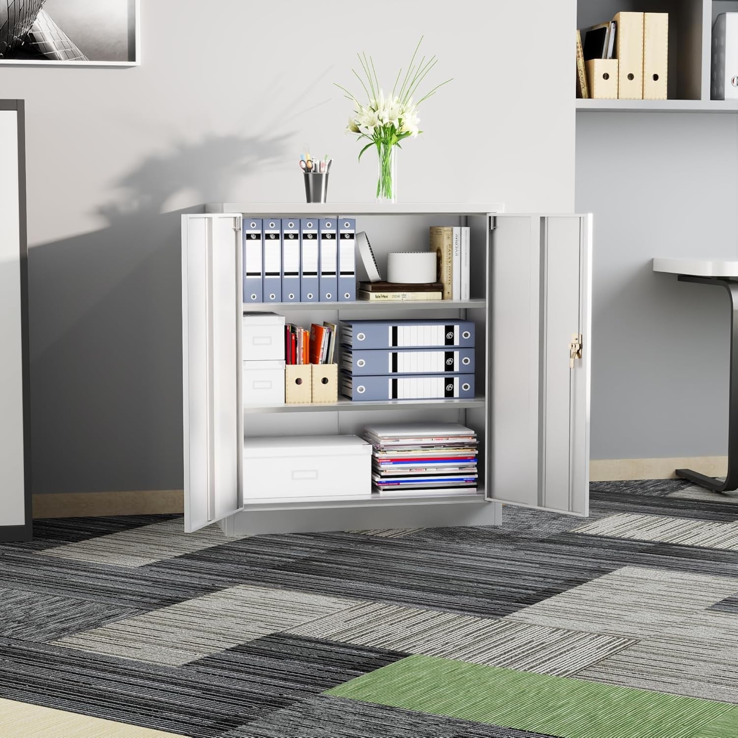 Metal Storage Cabinet with Lock Doors 2 Adjustable Shelves Home Office White