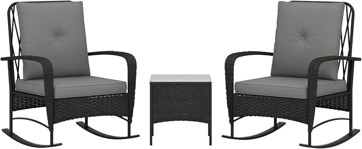 Rocking Rattan Bistro Set 3PC Cushioned Chairs Glass Table Balcony Patio
