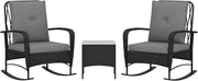 Rocking Rattan Bistro Set 3PC Cushioned Chairs Glass Table Balcony Patio