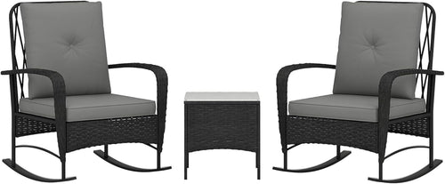 Rocking Rattan Bistro Set 3PC Cushioned Chairs Glass Table Balcony Patio