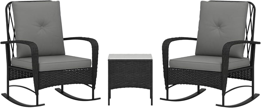 Rocking Rattan Bistro Set 3PC Cushioned Chairs Glass Table Balcony Patio