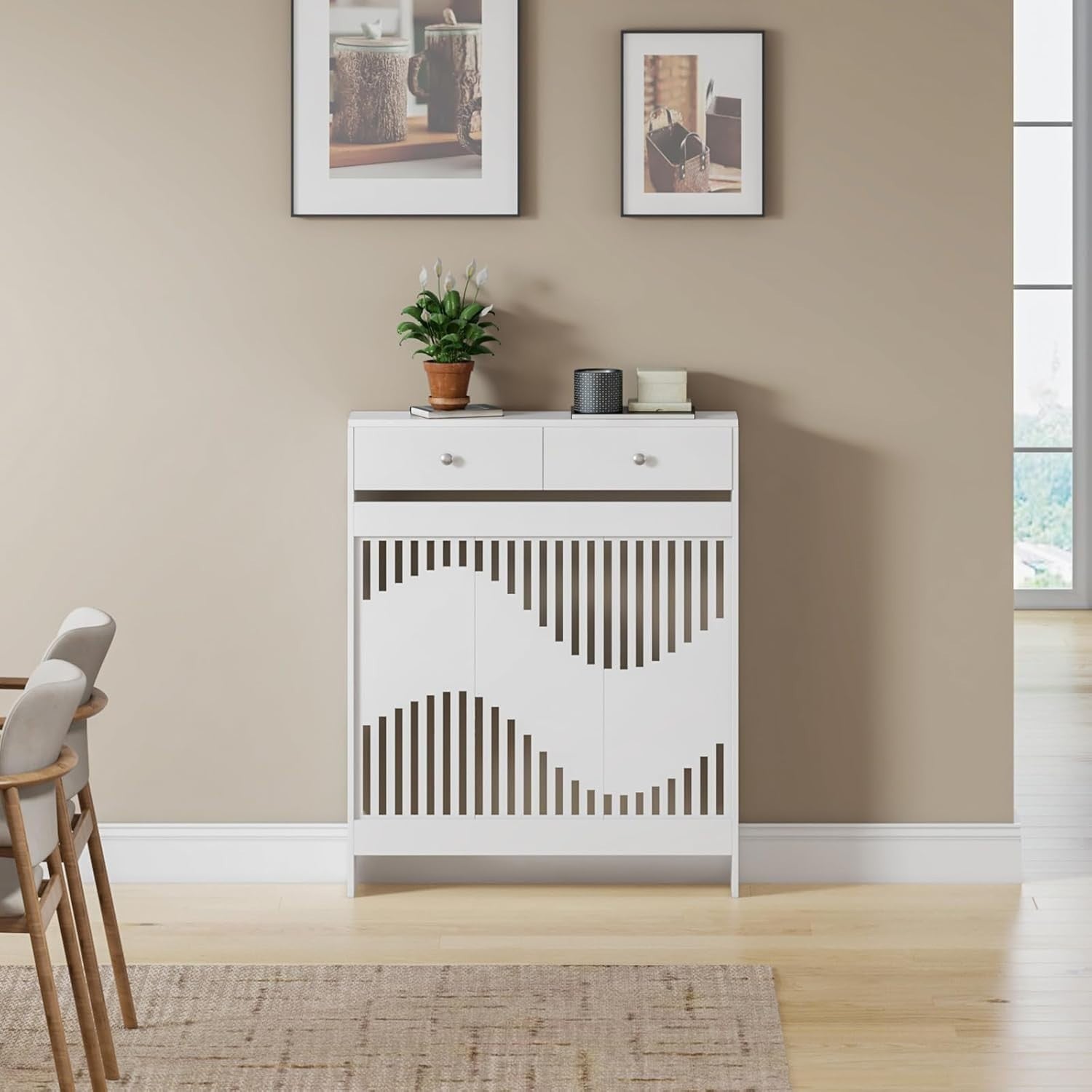 White Radiator Cover Cabinet with Drawers Modern MDF Storage Unit