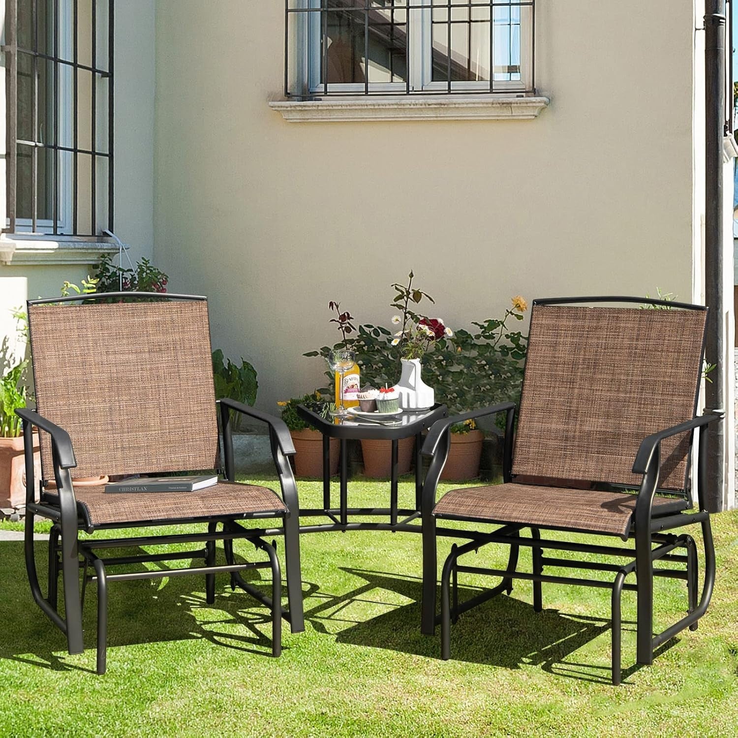 2 Seater Outdoor Glider Rocking Chair Set w/ Table for Patio Garden